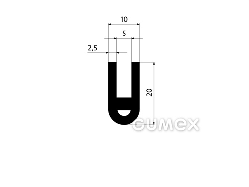 Pryžový profil tvaru "U" s dutinkou, 20x10/5mm, 65°ShA, NBR, -40°C/+70°C, černý